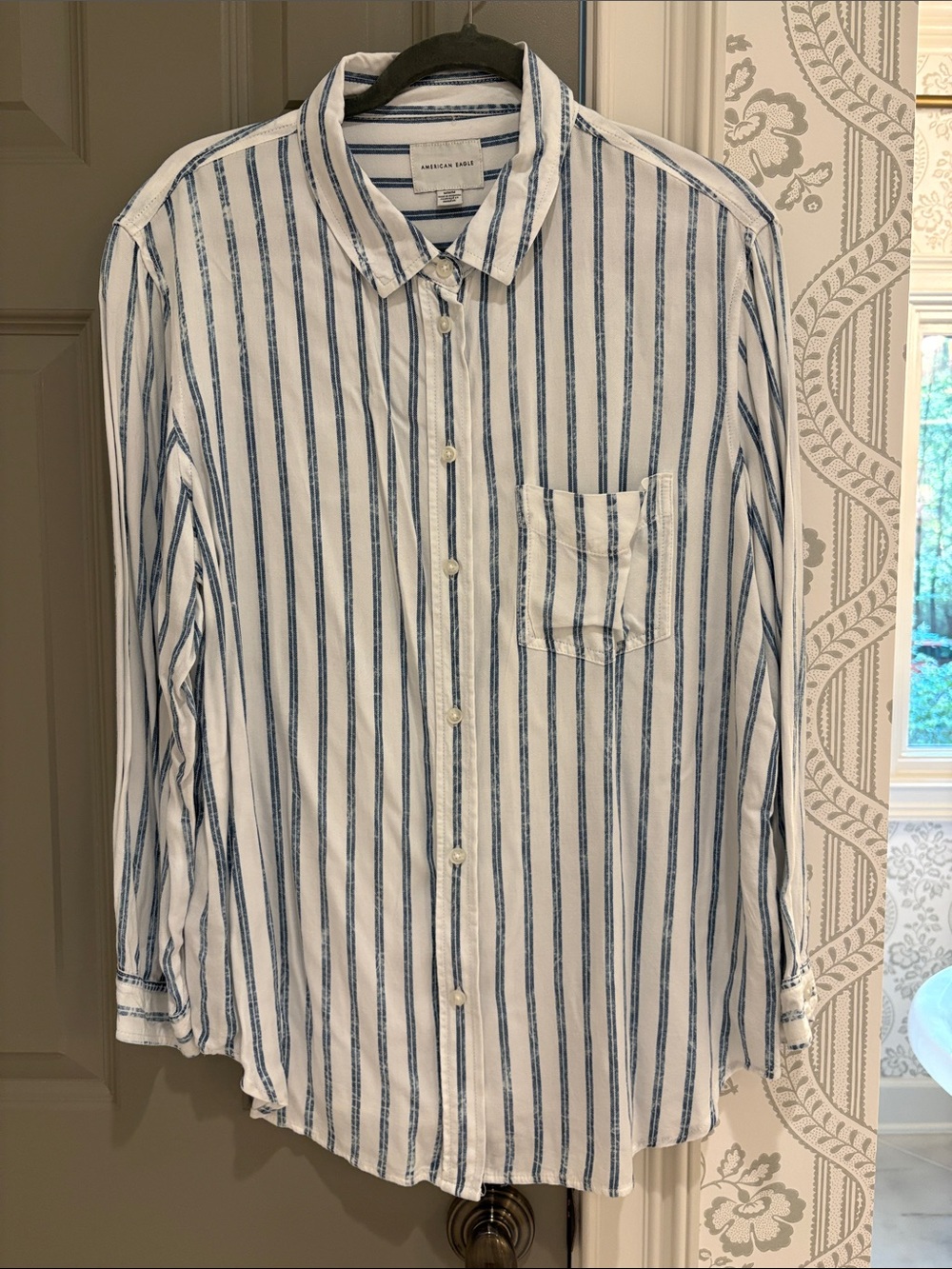 American Eagle Outfitters White Shirt with Blue Vertical Stripes
